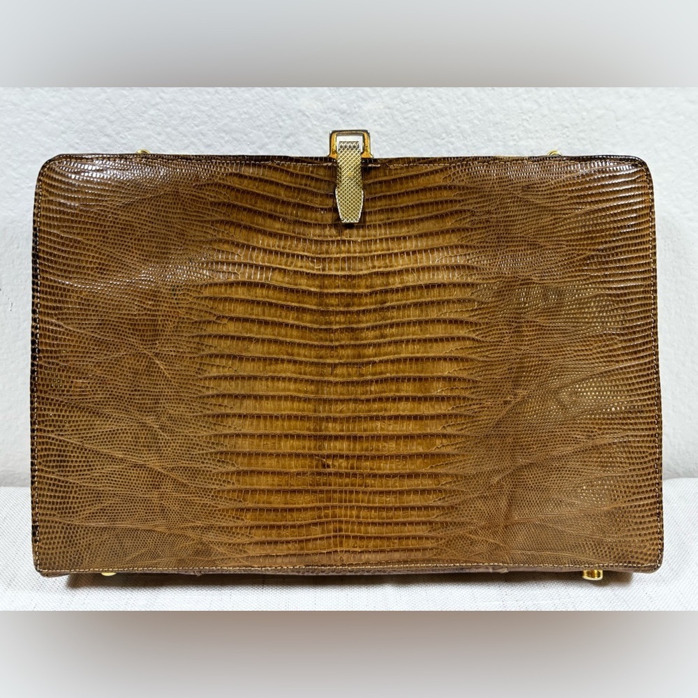Vintage Lou Rae Brown Faux Lizard Handbag Structured Clutch Purse 50s–60s